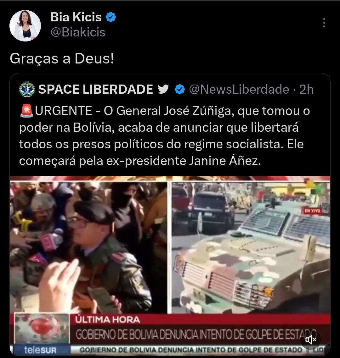 A golpista  apagou o post em q ela comemora a tentativa de golpe na Bolívia, mas “graças a Deus” o print é eterno🧐