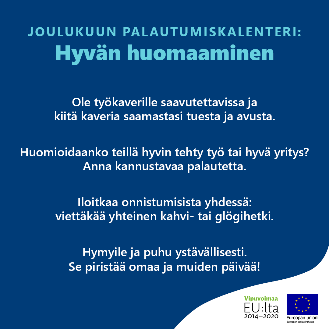 Joulukuu on kiitollisuuden aikaa. Ota koko työyhteisösi mukaan huomaamaan hyvä ympärillänne ja jakakaa iloa toisillenne työn tuoksinassa. Se piristää ja keventää taakkaa.

Miten sinä luot iloa ympärillesi?

👉Palautumiskalenteri: ttl.fi/ollappa
<a href="/tyoterveys/">Työterveyslaitos</a> #palautuminen