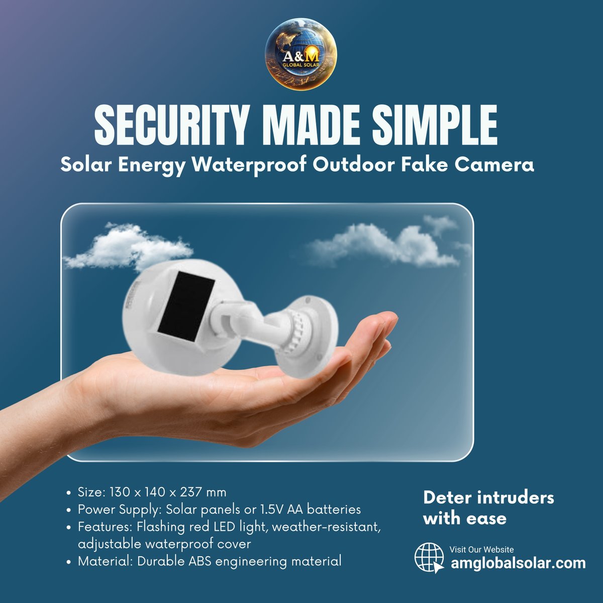 AMGlobalSolar's tweet image. Want to keep intruders on their toes? Our Solar Energy Waterproof Outdoor Fake Camera does the trick! 🌞📷 Fool anyone into thinking your home is under high-tech surveillance.  Get yours now at amglobalsolar.com and enjoy peace of mind! 😎🔒

#FakeCamera #HomeSecurity