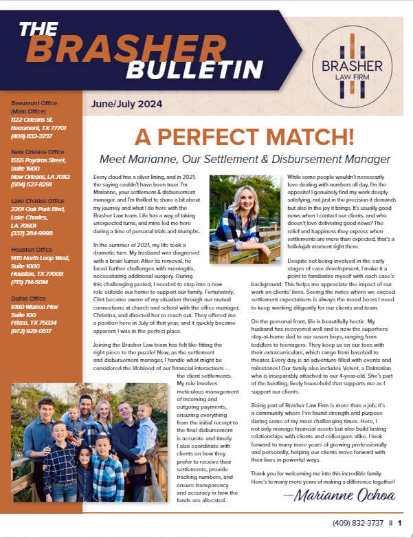 If you missed the Brasher Bulletin in your mailbox, read it here: online.flippingbook.com/view/363468427/. You can learn more about our office settlement &amp; disbursement manager Marianne and how bad faith laws in Louisiana are changing.