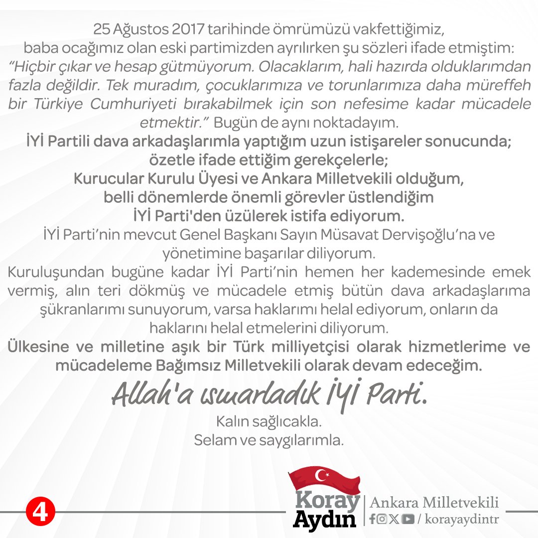 ALLAH’A ISMARLADIK İYİ PARTİ
Ayrılıklar zor ve hüzün doludur.
Haksızlık ve hukuksuzluklar karşısında cesur insanlar olarak, İYİ Parti'yi büyük umut heyecan ve hayallerle; büyük emek, gayret ve fedakarlıklarla kurduk.
İYİ Parti gerçek bir mücadelenin ve hikâyenin sonucu doğdu.
İYİ