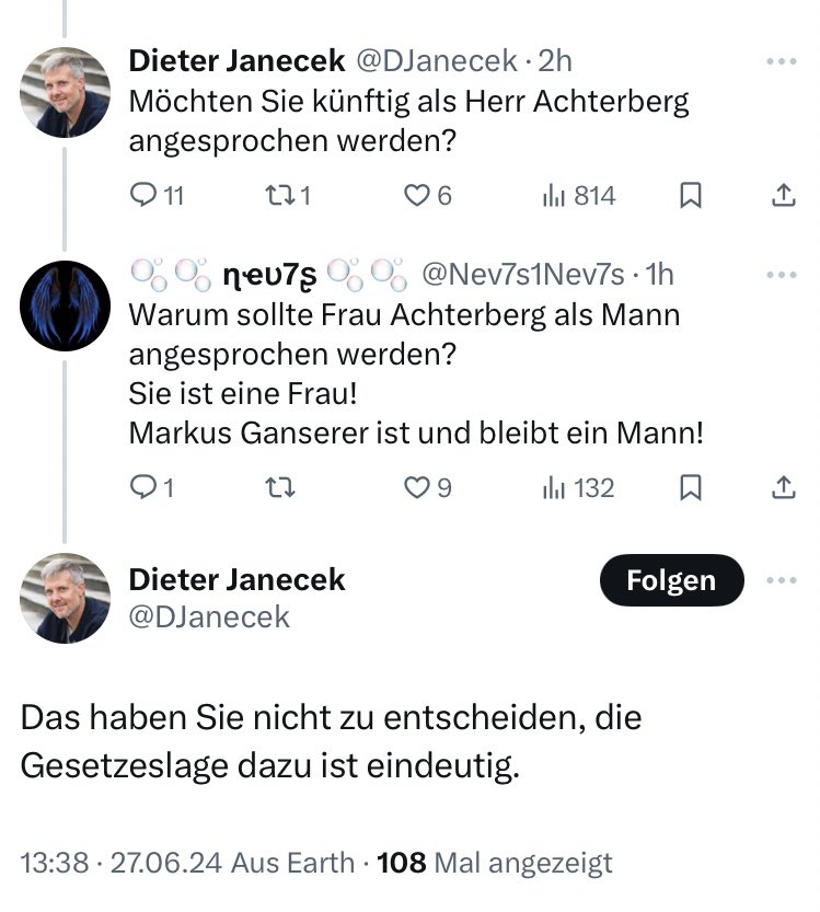 Es scheint ihm ja sehr zu gefallen, dass Männer wieder das Sagen haben und sogar darüber bestimmen, was eine Frau ist, während Frauen das nicht mehr dürfen. Ein typischer Mann bei den Grünen eben. 

Es wird mir sehr schwer fallen, Mitgefühl für die Frauen zu empfinden, die dabei