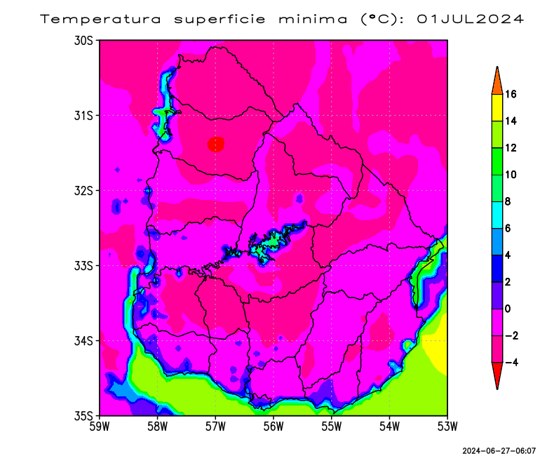 *Previsión de temperaturas mínimas a nivel de superficie*
Se prevén temperaturas mínimas menores a 0°C en prácticamente todo el país (tonos fucsia) a partir del sábado 29/6 y para los siguientes días.
Info en inia.uy/gras/Alertas-y…

**App INIA Termomín inia.uy/gras/Alertas-y… **