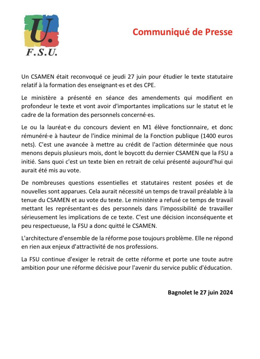 guislainedavid's tweet photo. La @FsuNationale quitte le CSA MEN, malgré les avancées proposées … de nombreuses questions restent posées à deux mois de la rentrée. C’est inconséquent de la part du ministère @education_gouv. https://t.co/A1LpCGCO9v
