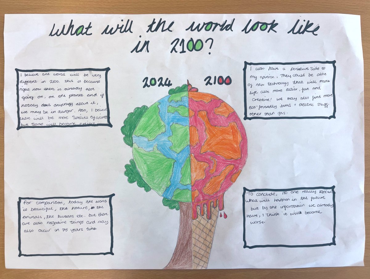 HaylingGeog's tweet photo. What do you think the world will look like in 2100? Here are some ideas from our wonderful KS3 geographers 🌍 #geographyteacher https://t.co/heFUQggpUR