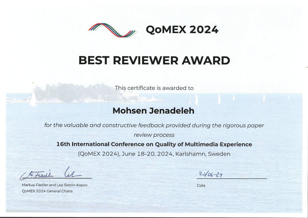 mohsenjenadeleh's tweet photo. Last week @QoMEXconf was held in Karlshamn @BTHinformation. I was delighted to present my papers and honored to receive the Best Reviewer Award! The conference offered excellent networking and collaboration opportunities. Big thanks to the organizers!
@UniKonstanz
@SfbTrr161 https://t.co/5ZovBPCtrU