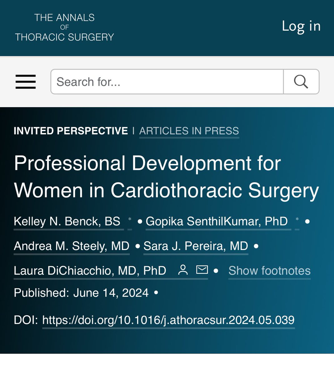 Women represent only 12% to 25% of cardiac and thoracic surgeons respectively. Our new perspective 📝 in <a href="/annalsthorsurg/">The Annals of Thoracic Surgery</a> delves into professional development opportunities &amp; resources for women across all career stages (med school ➡️ attending) in CT surgery. 

Specifically, we