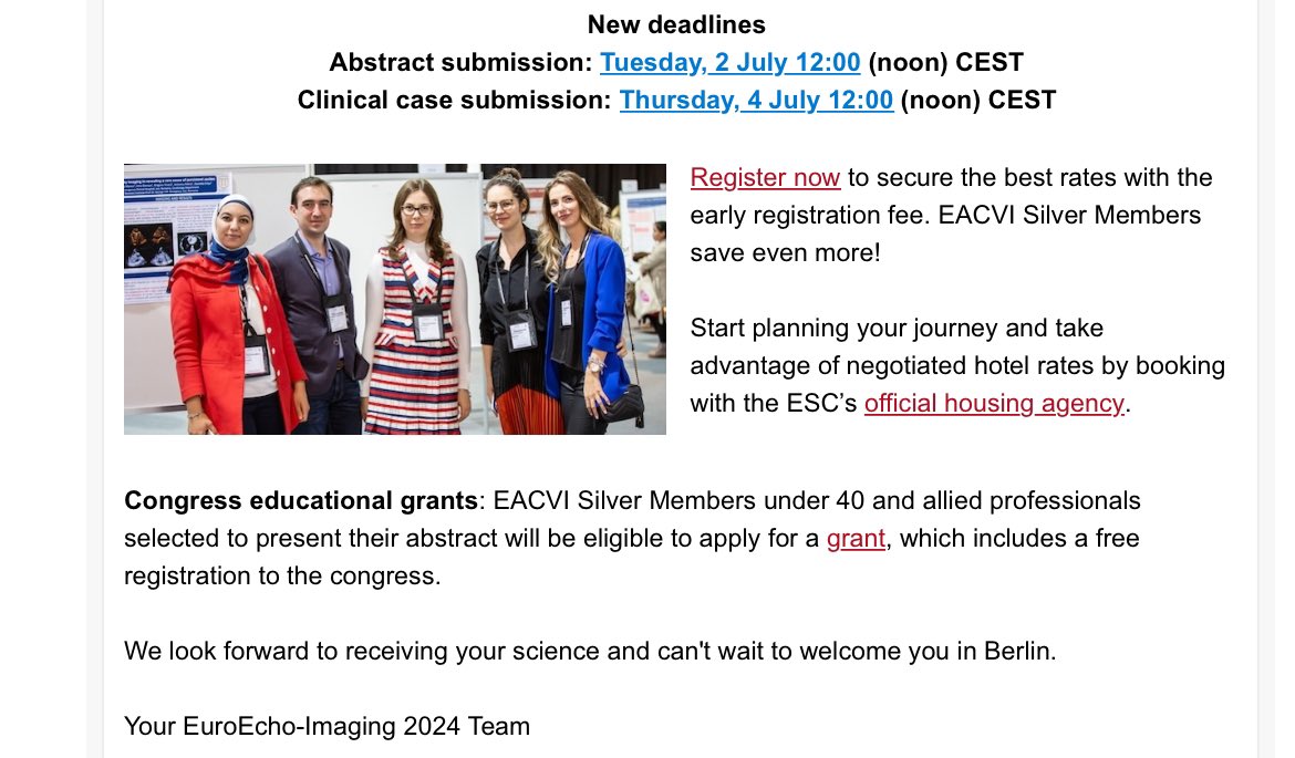 EACVI President (@eacvipresident) on Twitter photo #EuroEcho2024 submission deadline has been extended! Take this opportunity to present your science at the largest #echofirst congress in 🇪🇺 & apply for the congress grant. I look forward to seeing all the great scientific work😎
#EACVI <a href="/denisamuraru/">Denisa Muraru</a> <a href="/NAjmoneMarsan/">Nina Ajmone Marsan</a> <a href="/PezelT/">Théo Pezel</a> #EuroEcho2024 submission deadline has been extended! Take this opportunity to present your science at the largest #echofirst congress in 🇪🇺 & apply for the congress grant. I look forward to seeing all the great scientific work😎
#EACVI <a href="/denisamuraru/">Denisa Muraru</a> <a href="/NAjmoneMarsan/">Nina Ajmone Marsan</a> <a href="/PezelT/">Théo Pezel</a>