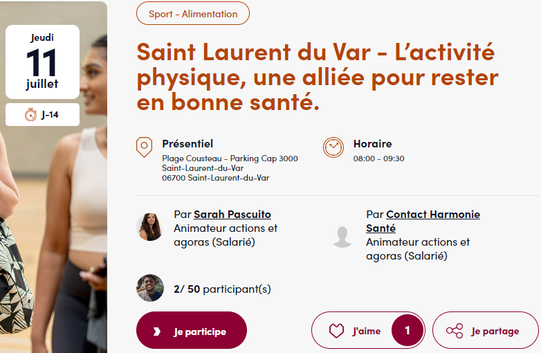 🏉 ⛳ AGORA MUTUALISTE : L'activité physique, une alliée pour rester en bonne sante

📅 Rendez-vous Jeudi 11 juillet de 8h à 9h30, à la Plage Cousteau (Parking Cap 3000) à Saint-Laurent-du-Var (limitrophe de Nice).

🎫 Inscrivez-vous ici : jagiscollectif.harmonie-mutuelle.fr/agora-mutualis… <a href="/sldv06/">Ville de Saint-Laurent-du-Var</a>