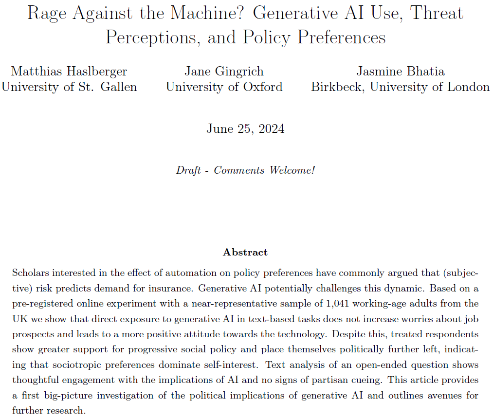 matt_haslberger's tweet photo. 🚨 NEW WORKING PAPER 🚨

How does exposure to generative AI affect people's subjective employment risk and social policy preferences?

In a new paper with @jrgingrich and @DrJBhatia, we find that experimental exposure to AI does not increase subjective employment risk... (1/8) https://t.co/rV0zgphFAe