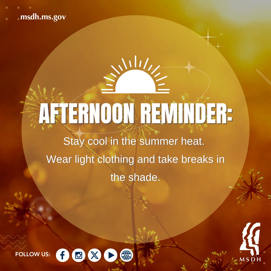 msdh's tweet photo. 🌞 Stay safe and out of the sun, Mississippi! Avoid direct sunlight during peak hours (10 AM - 4 PM). Seek shade, wear protective clothing, and always use sunscreen when outdoors. Let's protect our skin and health this summer! #SunSafety #StayInTheShade #HealthySummer #HealthyMS https://t.co/MXdKZx8r9n