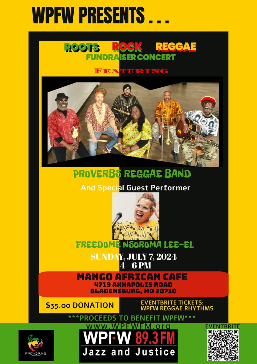 Come vibe with us at the WPFW Reggae Rhythms Fest for a night of irie music and good vibes on July 7, 2024 at 4PM at Mango Cafe - 4719 Annapolis Rd Bladensburg, MD. Performing live Proverbs Reggae Band &amp; Freedome Nsoroma Lee-El. Tickets are $35. Go to buff.ly/4b6eeH0