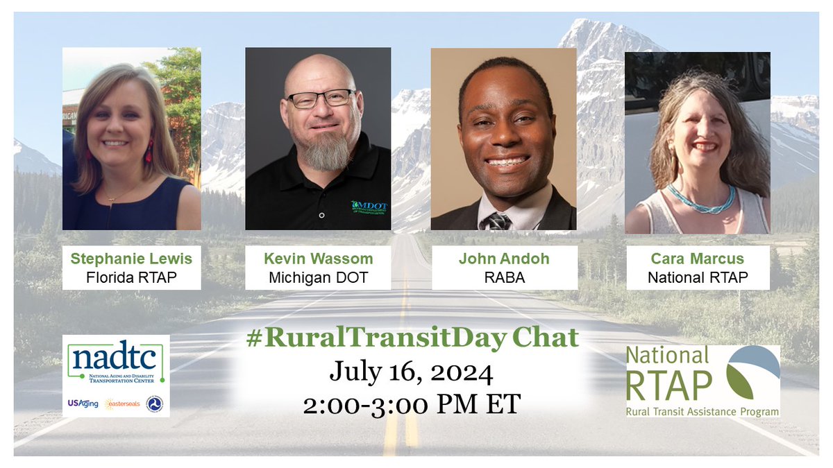 Save the date for a #RuralTransitDay Chat on July 16, 2-3 PM ET &amp; share thoughts about benefits of rural transit and challenges &amp; solutions. This year's Chat will be moderated by experts from <a href="/floridartap/">floridartap</a>, @NADTCmobility, <a href="/MichiganDOT/">Michigan DOT</a>, <a href="/RABAride/">RABA - Redding Area Bus Authority</a> &amp; <a href="/nat_rtap/">National RTAP</a>.