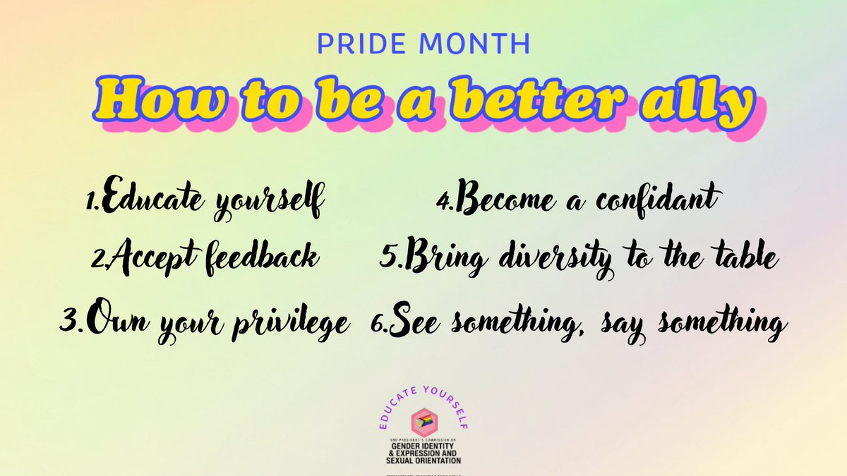 🌈Show your support for the LGBTQ+ community by being an ally. Allies help the underrepresented by standing up for the equal and fair treatment of people different from them.🌈 #HappyPrideMonth 
❤️🧡💛💚🩵💙💜🤎🖤