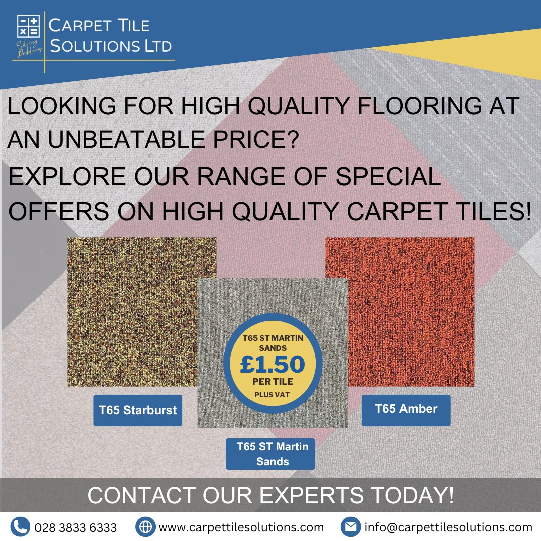 Explore Special Offers on our High-Quality Carpet Tiles. This Weeks Special Offer ST Martin Sands £1.50 per Tile

Don’t miss out on this exclusive offer! Send us a message or contact our experts today to avail of this incredible offer!
#flooring #carpettiles #uk #ireland