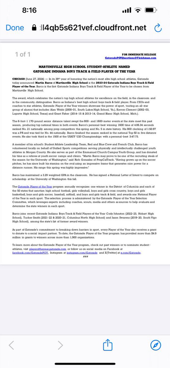 Congratulations, Martin Barco! Named Indiana’s Boys Track &amp; Field Gatorade Player of the Year! We are proud of you, Martin! <a href="/MSDMartinsville/">MSD of Martinsville</a> <a href="/AwesomeArties/">Martinsville HS</a>  <a href="/ArtesianNation/">Artesian Athletics</a>