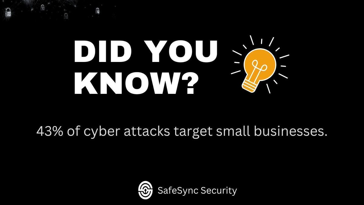 safesync_social's tweet photo. Take Precaution: Protect your small business with SafeSync Security!
43% of cyber attacks target small businesses.
Secure your operations now.
#SafeSyncSecurity #CyberSecurity #DataProtection #Business https://t.co/rNslELk51u
