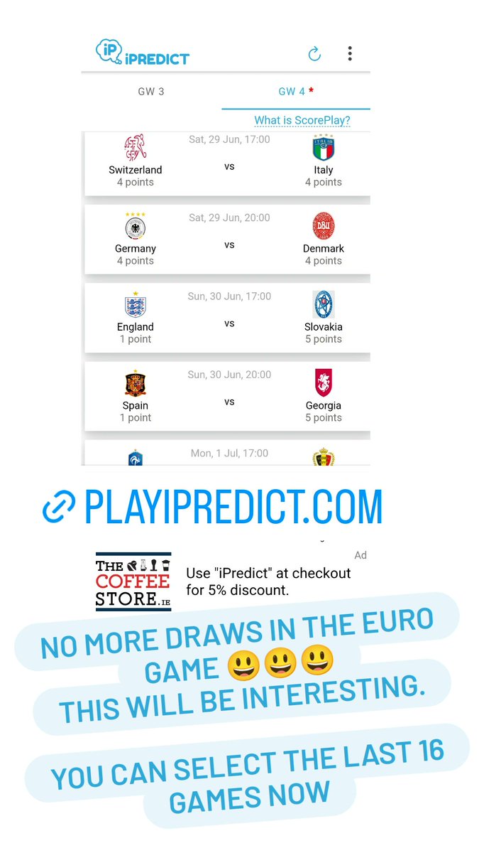 ipredictplay's tweet photo. Top of the table is only on 6 ScorePlay Points
Enter now to win
https://t.co/fKHUid9KbB
NO MORE DRAWS IN THE EURO GAME 😃😃😃
THIS WILL BE INTERESTING. Just pick who will go through.

YOU CAN SELECT THE LAST 16 GAMES NOW https://t.co/2iUKfabSgH