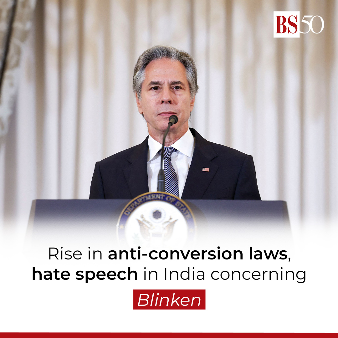 bsindia's tweet image. &quot;In India, we see a concerning increase in anti-conversion laws, hate speech, demolitions of homes and places of worship for members of minority faith communities,&quot; US Secretary of State Antony Blinken has said.

#HateSpeech #anticonversionlaws #Blinken 

mybs.in/2dWiL8f