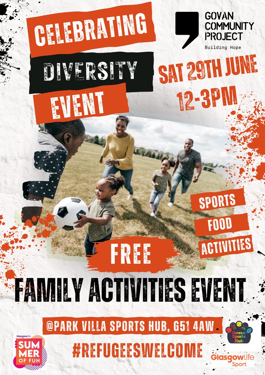 FREE FAMILY ACTIVITIES EVENT, YES FREE!!

We're Celebrating Diversity with <a href="/GovanCP/">Govan Community Project 🧡</a> &amp; <a href="/ActiveGovan/">Govan Sports Hub</a> on Sat at Park Villa Hub. The action starts at 12 with sports, activities, food &amp; sports kit with <a href="/juniorparkrunUK/">junior parkrun UK</a> &amp; <a href="/makedogrow/">Make Do & Grow CIC</a> #10yearsago #SummerofFun 

glasgowlife.sportsuite.co.uk/campaigns/summ…