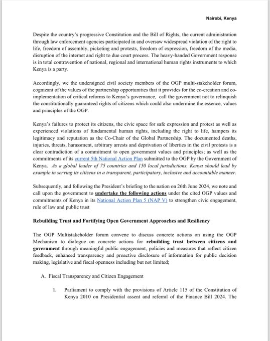 Statement by the Kenya Open Government Partnership (#OGP) CSOs Forum on the #RejectFinanceBill2024  Protests.

Full statement: we.tl/t-4MAX65GnvF.
#OGPKenya.