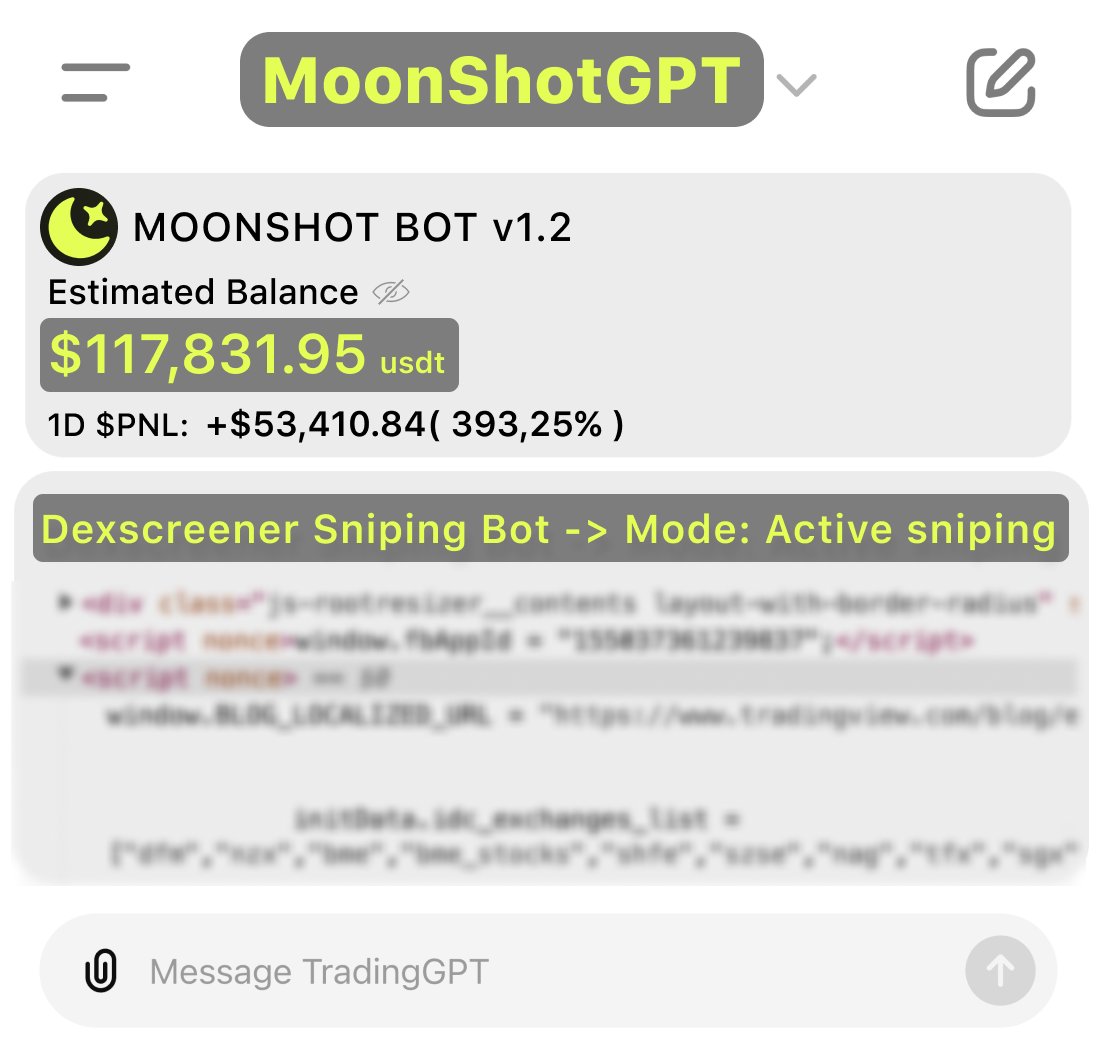 0xklarck's tweet photo. I created automated sniping bot with GPT4.o...

in 2 days it made $87,756 on 24 Moonshot tokens

I tried over 75 prompts to make it find 100x plays...

but here's how to build the same bot in 10 minutes 🧵👇 https://t.co/G5N6DYgOvD