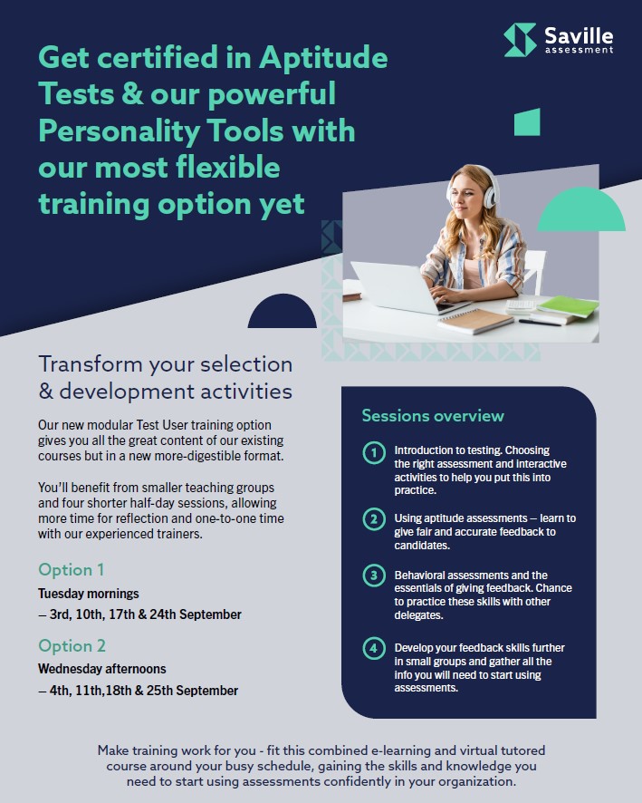 SavilleAssess's tweet image. We&apos;ve made it even simpler for you to gain #TestUser accreditation.

ow.ly/fqcg50SqIRz

Our most flexible offering ever consists of eLearning &amp;amp; half-day virtual tutored sessions, enabling you to fit training around busy schedules.

Get in touch to enquire about availability