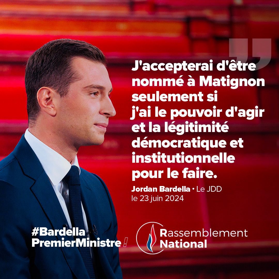🔴 Nous avons besoin d’une majorité absolue pour mettre en place nos mesures, défendre votre pouvoir d’achat, rétablir l’ordre et mettre fin au chaos migratoire.

Les 30 juin et 7 juillet, donnez-nous les moyens de redresser la France, votez RN !

#BardellaPremierMinistre