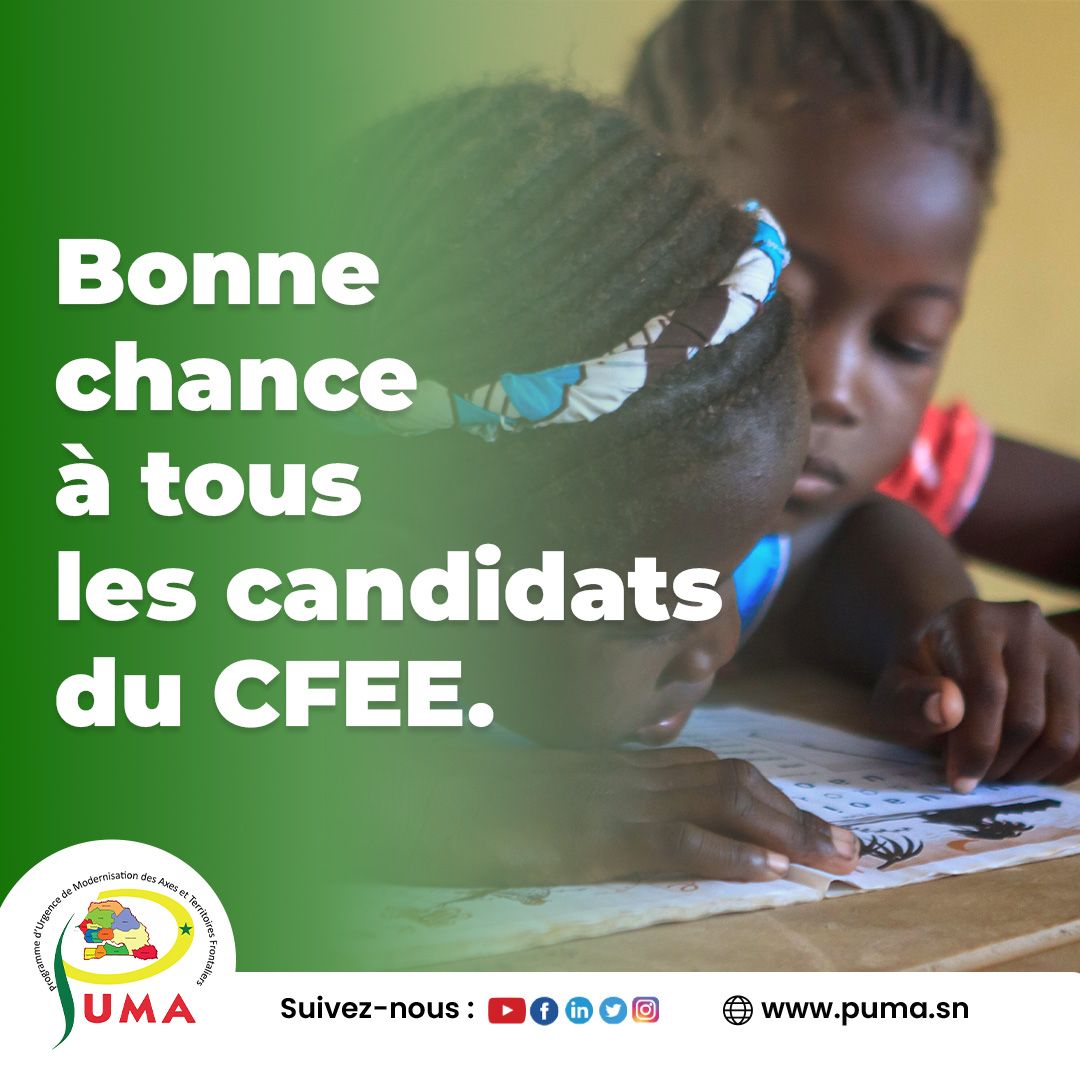 ProgrammePuma's tweet image. #CFEE Le Programme d'Urgence de Modernisation des Axes et Territoires frontaliers (PUMA) souhaite une bonne chance à tous les candidats du Certificat de Fin d'Études Élémentaires (CFEE), notamment ceux des zones frontalières. Que vos efforts soient couronnés de succès.