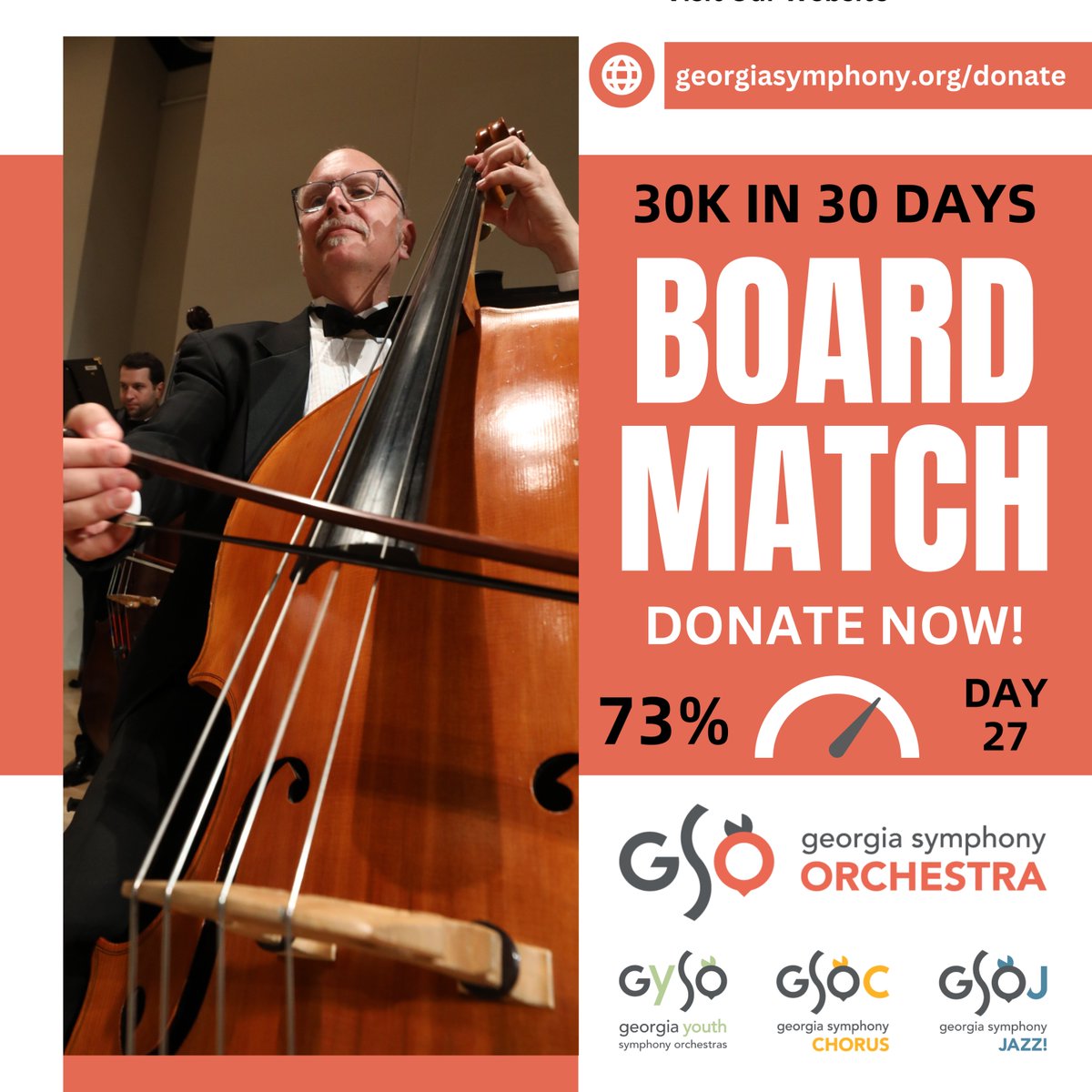 GeorgiaSymphony's tweet photo. We've made it to 73% of our goal but time is running out on our Board Match Campaign. If you've been waiting, now is the best time to help us achieve it! Your donation is matched dollar-for dollar. Will you help us get there? https://t.co/zMhyHhK3vz https://t.co/0IaD37HD4G
