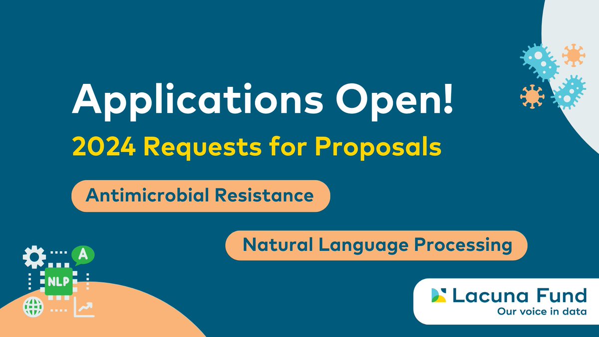 Lacuna Fund (@lacunafund) on Twitter photo Applications are OPEN for <a href="/LacunaFund/">Lacuna Fund</a> 2024 RFPs! We seek proposals to create #machinelearning datasets in two domains: Antimicrobial Resistance (AMR) and Natural Language Processing (#NLP).
Read the announcement: lacunafund.org/lacuna-fund-in…
Apply now! lacunafund.org/apply Applications are OPEN for <a href="/LacunaFund/">Lacuna Fund</a> 2024 RFPs! We seek proposals to create #machinelearning datasets in two domains: Antimicrobial Resistance (AMR) and Natural Language Processing (#NLP).
Read the announcement: lacunafund.org/lacuna-fund-in…
Apply now! lacunafund.org/apply
