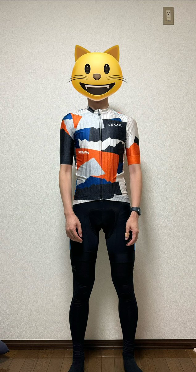 lwhiishi's tweet image. ちなみに身長171cm、体重54kgの男性がXSを着るとこんな感じになります。胸元以外は結構ピッタリサイズ。
今まで着たことない素材感。胸側の色は結構メタリックな感じで、胸側と袖には縦縞模様が入ってます😁
#lecol
#strava
#エベレスティング