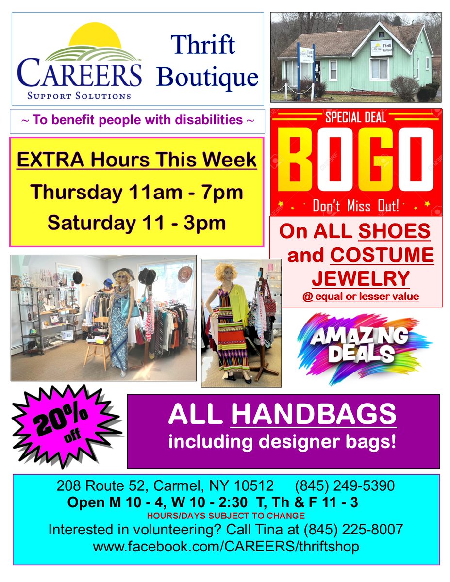 What's the best way to change your summer look... accessories, of course!  Stop by the Thrift Boutique-all handbags are 20% off. Shoes and costume jewelry are buy one, get one Free (of equal or lesser value).  Splurge on yourself while helping support people with disabilities