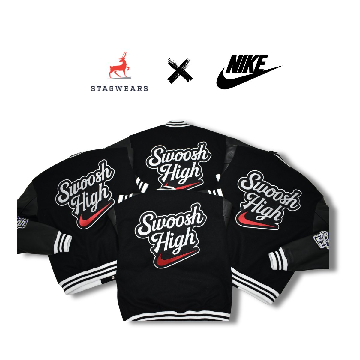stagwears's tweet photo. Reflecting on our exciting collaboration with Nike for their Swoosh High project! We had the incredible opportunity to create custom varsity jackets that perfectly embodied the energy and innovation of this unique initiative. https://t.co/fUUfYMMzSE
