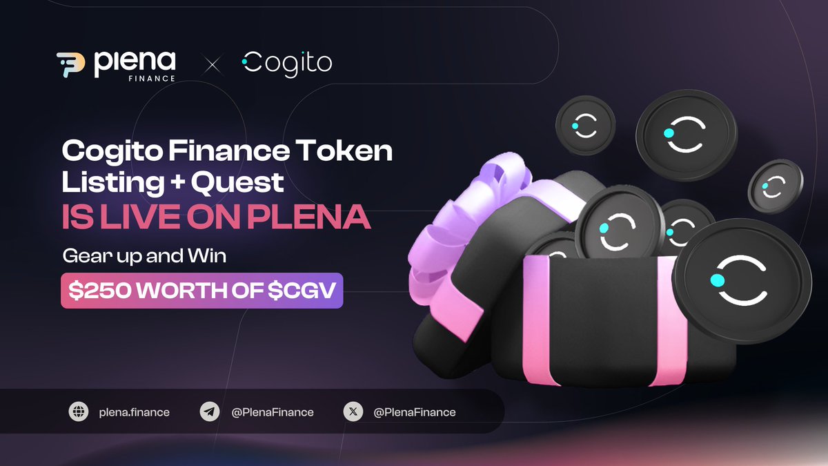 1/ Hey Plena Fam 👋 

Excited to announce <a href="/CogitoFi/">Cogito Finance</a> | $CGV listing on Plena SuperApp!  Despite the market, we’re giving you more opportunities to boost your crypto holdings! 🎉

We’re giving away $250 in $CGV tokens! 🤑

Jump in here: plena.page.link/UdTB

Deeeets ⬇️