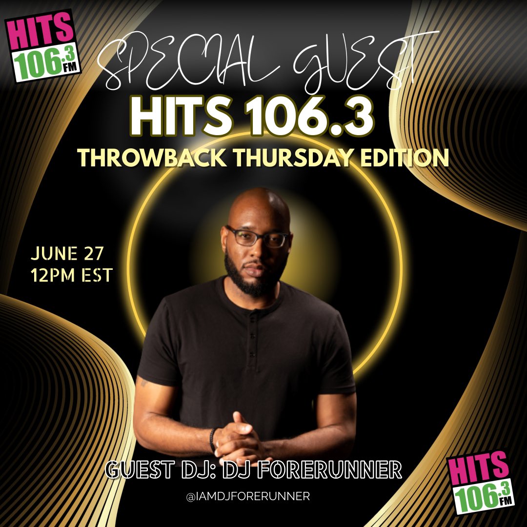 🚨 SPECIAL ANNOUNCEMENT 🚨 

This just in… I will be doing a guest DJ set today on @hits1063 for #ThrowbackThursday! 
Tell a friend to tell a friend to tune in. 
If you’re not local, you can listen live at hits1063.com 

Your lunch break is about to be a vibe! 

———