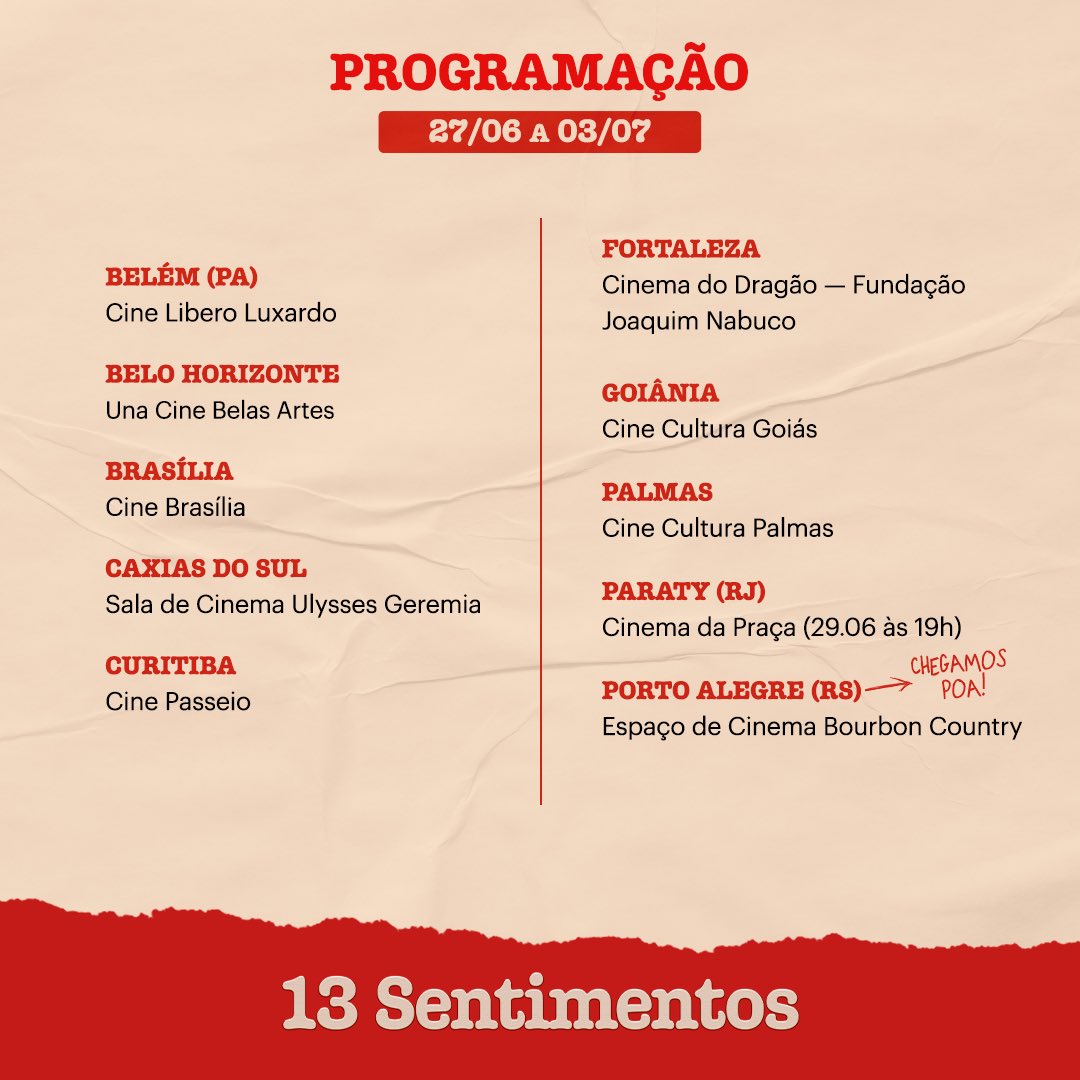 13_Sentimentos's tweet photo. Venha conferir a programação da semana de “13 Sentimentos”, comédia romântica de Daniel Ribeiro! ❤️‍🏳️‍🌈

🔥 E atenção, POA: finalmente chegamos em solo gaúcho! Não perca tempo e garanta já seu ingresso através do link na bio! https://t.co/G4xwy0RJ1j
