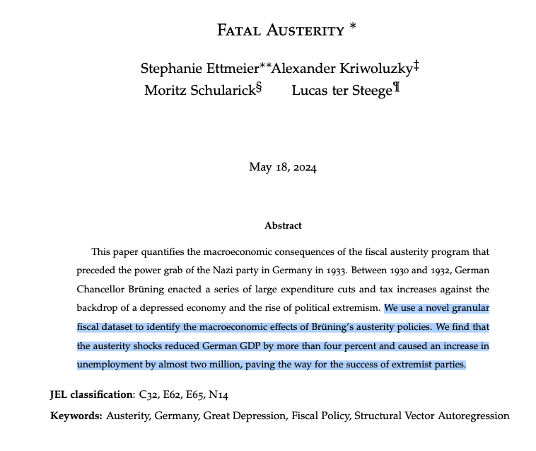 heimbergecon's tweet photo. Fatal austerity: new paper on the macroeconomic effects of Chancellor Brüning's austerity in 🇩🇪1930-1932:

"austerity reduced German GDP by more than four percent and caused an increase in unemployment by almost two million, paving the way for the success of extremist parties." https://t.co/L8ifSnfNfW