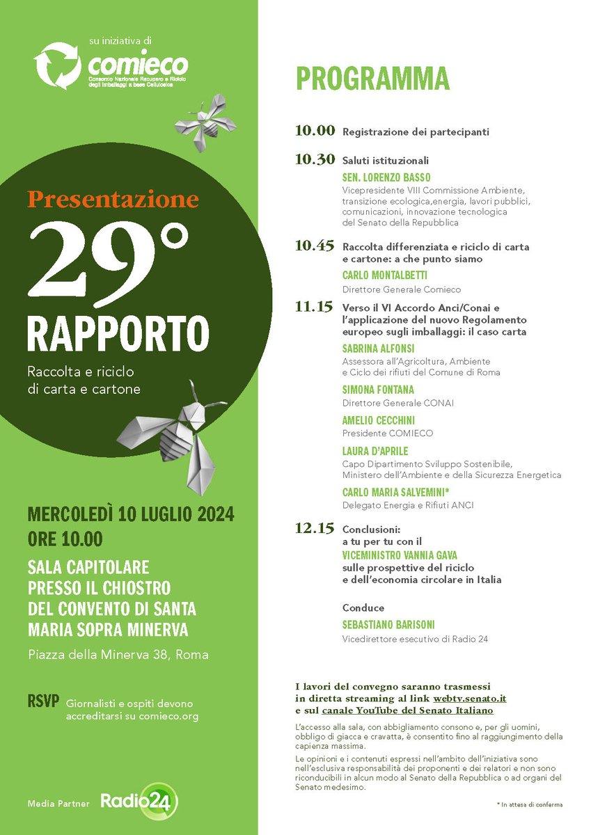 Numeri, trend, obiettivi traguardati e futuri: #raccoltadifferenziata e #riciclo di #carta e #cartone sotto la lente di ingrandimento con la presentazione del nostro 29° Rapporto.
Vi aspettiamo il 10/07 ore 10 a Roma c/o  Sala Capitolare del Senato
comieco.org/presentazione-…