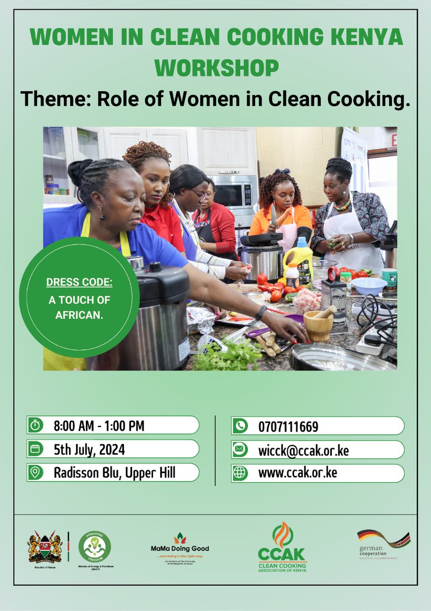 ✨ Join us on the 5th of July, 2024 from 8 AM to 1 PM for the Women in Clean Cooking Kenya Workshop at Radisson Blu Upper Hill! 📷 Do not miss out on this empowering event!
<a href="/giz_gmbh/">GIZ</a> <a href="/MamaDoingGood/">MaMa Doing Good</a> @EnergyminK