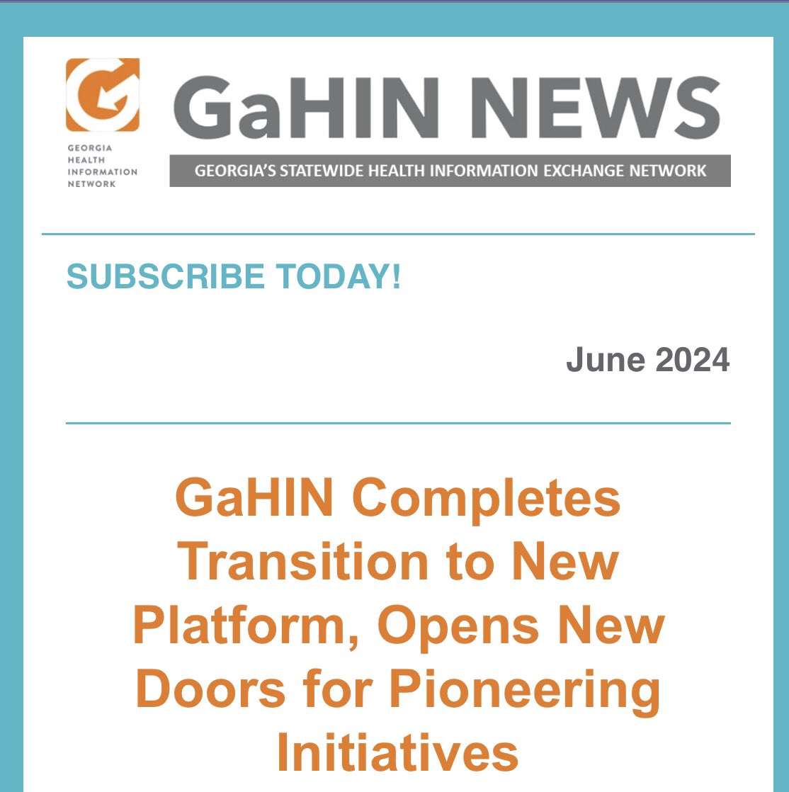 GeorgiaHIE's tweet photo. Get the latest news from #GaHIN by checking out the June 2024 newsletter! This month we’re celebrating the transition to our new tech platform that is opening new doors for innovation. 🎉 https://t.co/TpY3gamTkj https://t.co/ZdqlckT5ls
