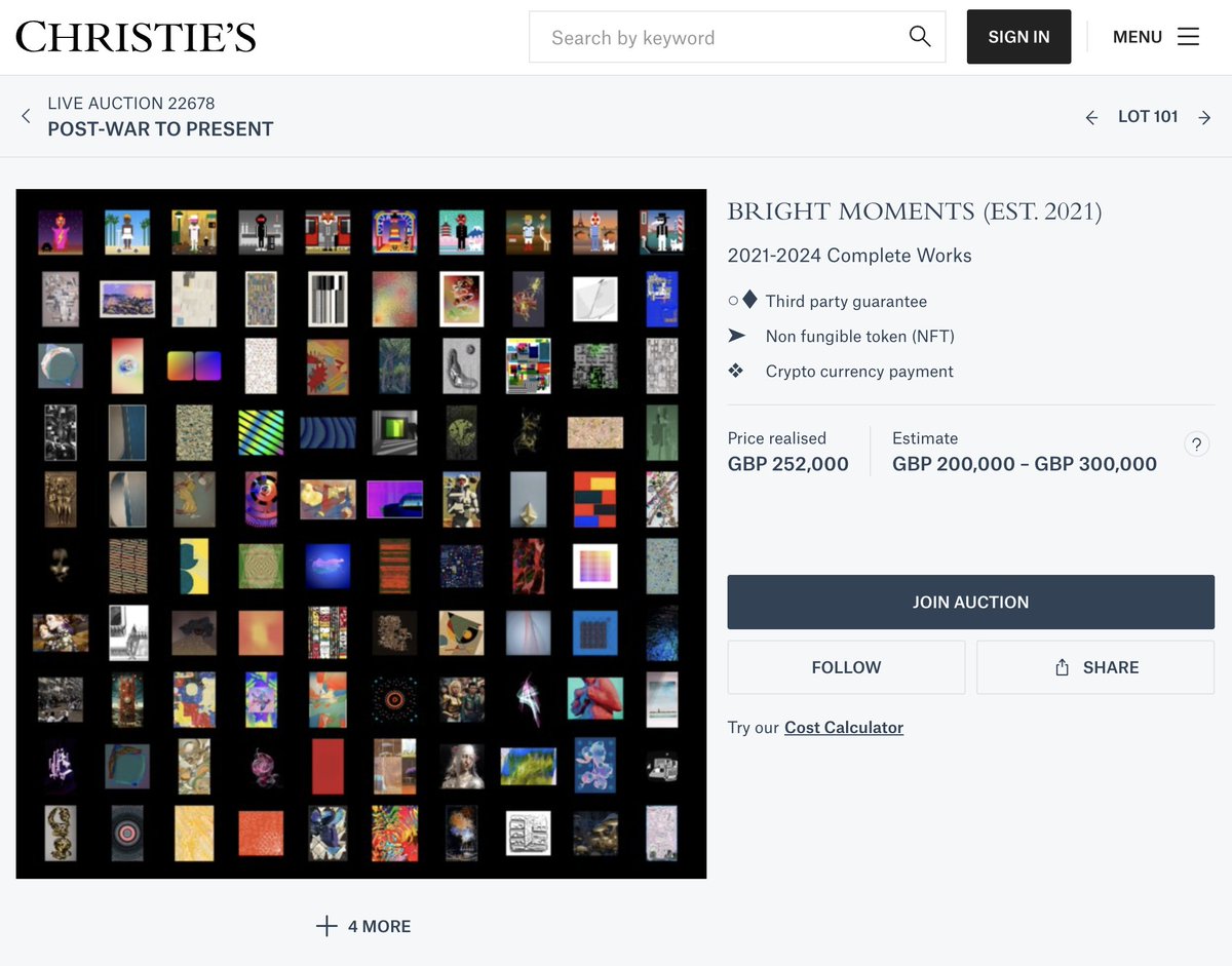 Christie's Digital Art (@christiesdigart) on Twitter photo #AuctionResult 'Bright Moments 2021 - 2024 Complete Works' sells for £252,000 (approx $319,000) in our Post-War to Present live auction.
Congratulations to all parties and artists involved!
<a href="/brtmoments/">Bright Moments</a> #AuctionResult 'Bright Moments 2021 - 2024 Complete Works' sells for £252,000 (approx $319,000) in our Post-War to Present live auction.
Congratulations to all parties and artists involved!
<a href="/brtmoments/">Bright Moments</a>