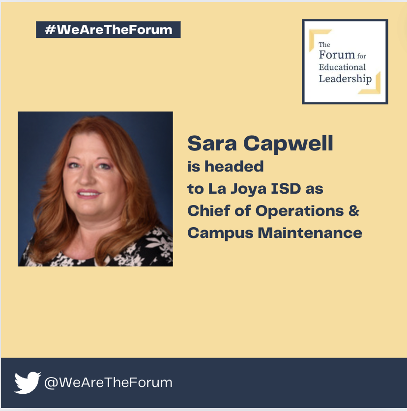 WeAreTheForum's tweet photo. We are so proud to announce another #WeAreTheForum alum placement! Sara Capwell has been named Chief of Operations &amp; Campus Maintenance at @lajoyaisd, under the leadership of fellow #WeAreTheForum alum @MarceySorensen, Superintendent of @lajoyaisd #WomenLeadingEd https://t.co/e6kLnU4GOt