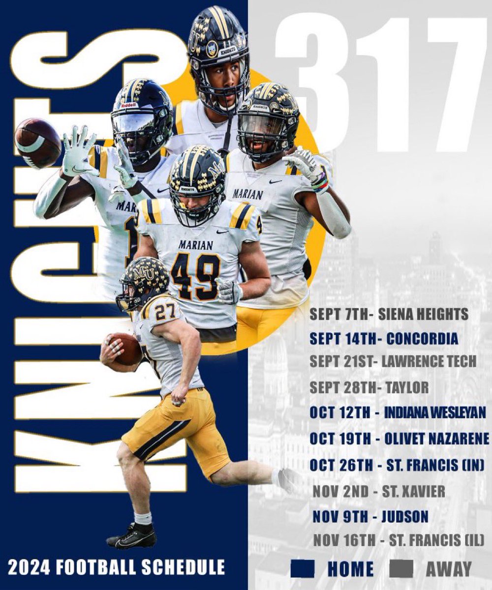 MarianUFootball's tweet photo. 2024 Knights Schedule!! See you there 🟡🔵⚔️ https://t.co/Wcy3RgWX0T