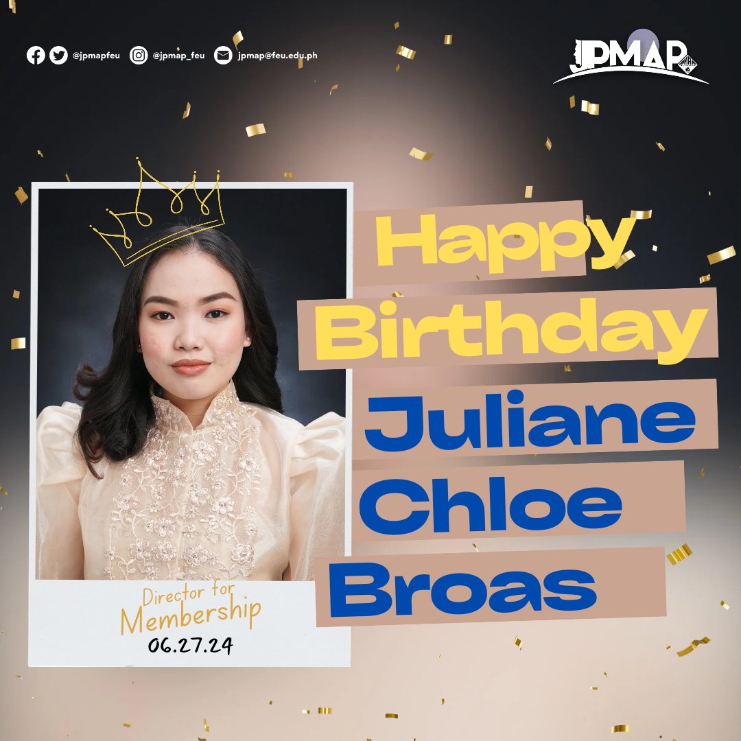 JPMAPFEU's tweet photo. Happy Juliane Chloe Broas Day!

Today, we honor the dedicated and kind-hearted Director for Membership.

As we celebrate your special day, may you reflect on the journey that has trailed behind you, treasure the present, and aspire to the future with excitement. https://t.co/l4qFacrARR