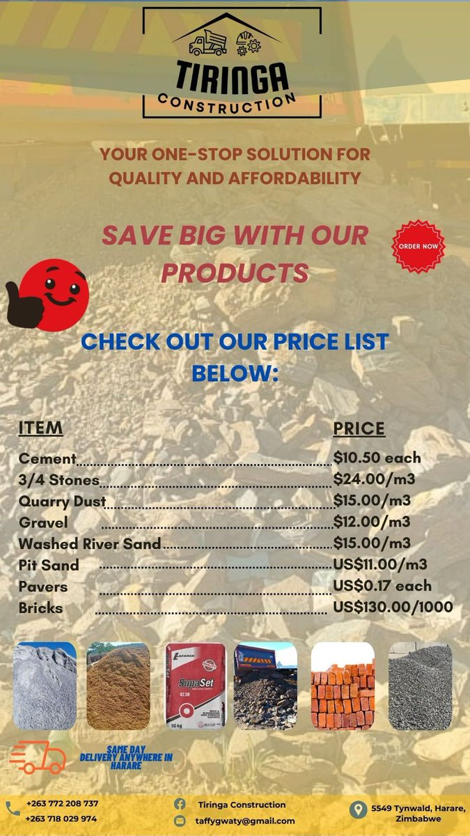 guarty_guy's tweet image. Building materials and aggregates in stock at affordable prices. Same day delivery services. We also have tipper trucks, front end loaders etc for all your construction needs. Get in touch with us on 0772 208 737 or 0718 029 974.