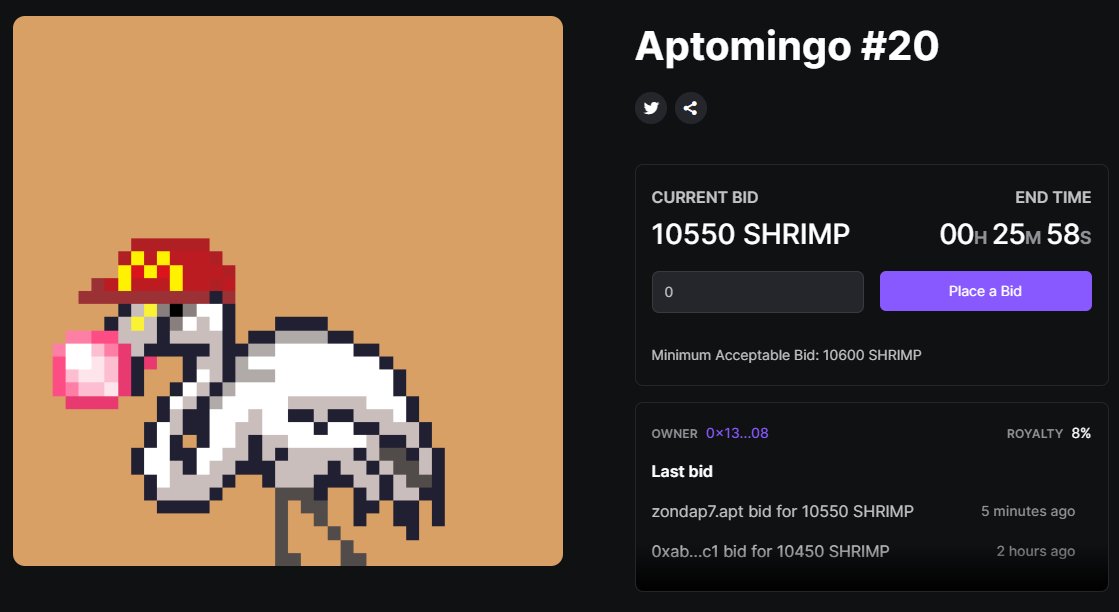 25 minutes left on the auction, and the current bid is 10,550 SHRIMP (~$183)! 

Bid here: launchpad.wapal.io/auctions/aptom…

This mingo seems to be a steal at these prices, let's see how the last 25 minutes goes!