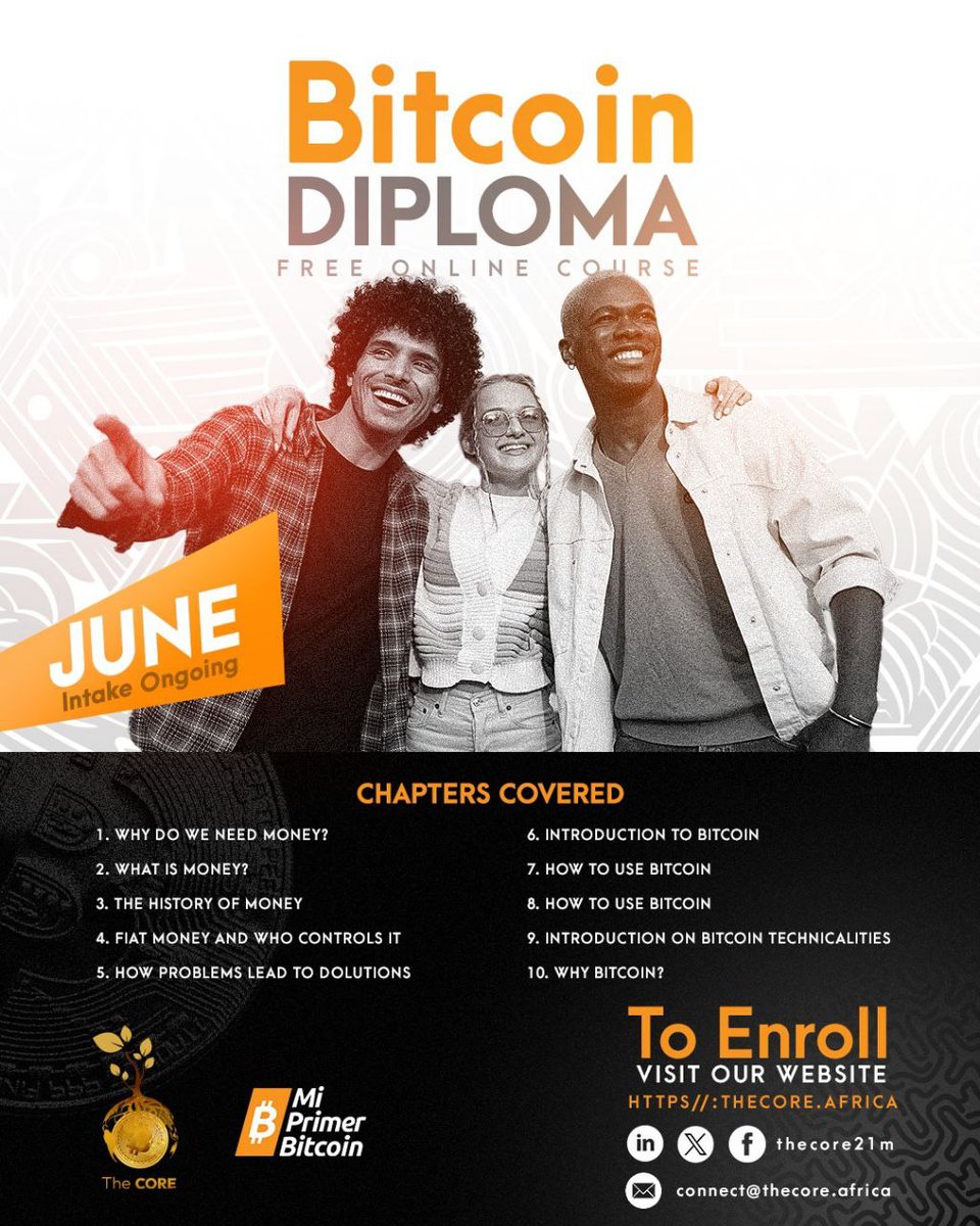 We are happy to announce the ongoing June intake for the #Bitcoin Diploma  by @MyfirstBitcoin_ . This free online course is one of the three programs  we offer Kindly enroll through the
