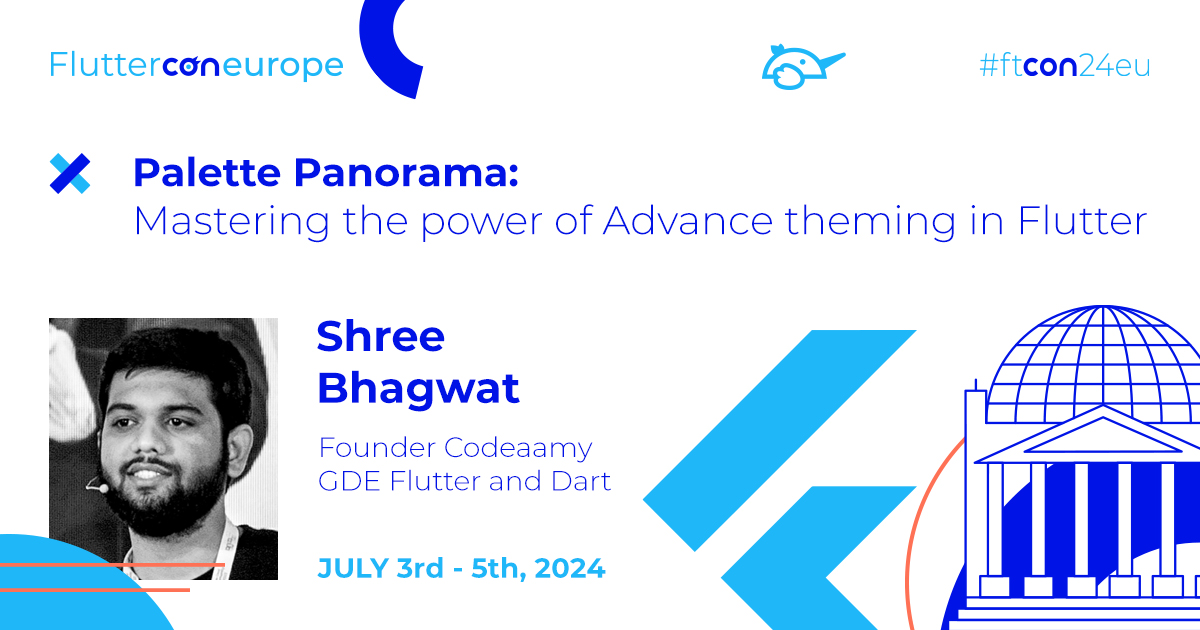 FlutterconWorld's tweet image. Let's give it up for @shreebhagwat94 👏
In this #ftcon24eu talk, learn about Multi-Theme Builder, dynamic theming, color theory, & enhancing UX. Unlock secrets to creating immersive #app experiences that captivate users on every screen.
fluttercon.dev/shree-bhagwat/