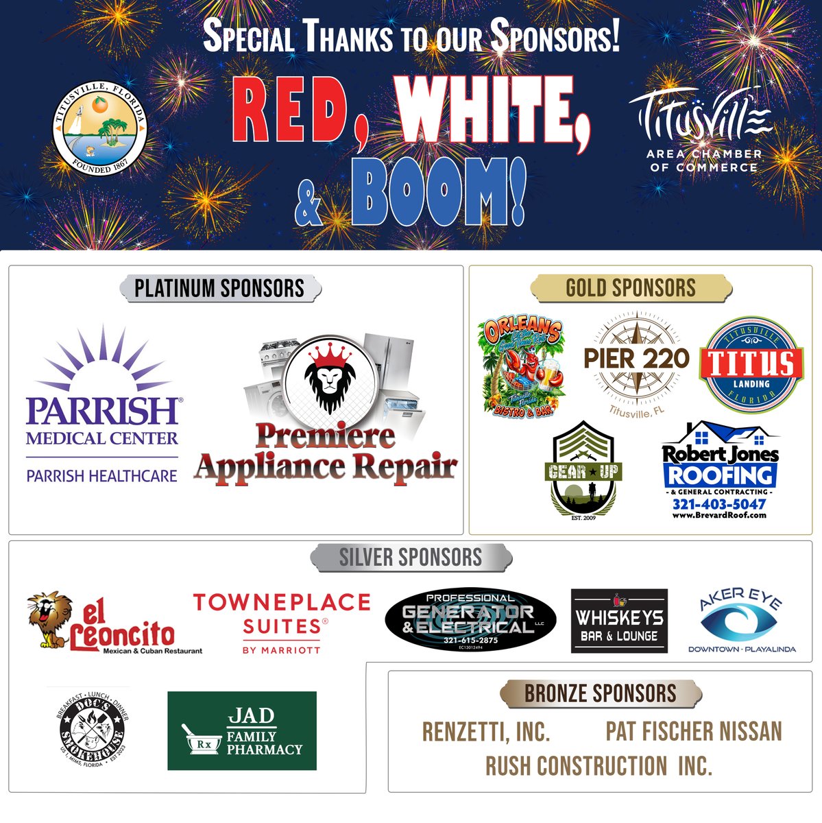 Titusville's tweet photo. Special Thanks goes out to our wonderful sponsors for this year's Red, White & BOOM! on July 4, from 6-10 p.m. at Chain of Lakes Park.

Platinum: Parrish Medical Center | Parrish Healthcare @ParrishMed , & Premiere Appliance Repair.
Gold: Orleans Bistro & Bar, Pier 220 Seafood & Grill, Titus Landing, Gear Up Surplus @GearUpFL, and Robert Jones Roofing.

Silver: El Leoncito, Towneplace Suites by Marriott Kennedy Space Center, Professional Generator & Electrical LLC, Doc's Smokehouse, Whiskey's Bar & Lounge, JAD Family Pharmacy, and Aker Eye Center.

Bronze: Renzetti Inc., Pat Fischer Nissan, and RUSH Construction @RUSH_inc.

https://t.co/ue4FUozKmi